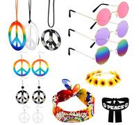 Getyjoe Set di 12 Pezzi Accessori Hippie Retrò: Occhiali, Fascia Colorata, Orecchini, Collana Segno di Pace per Festa a Tema Moda Anni 70-80