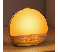 Geuuap Sveglia con venature del legno bianco e suono dell'alba con 25 suoni lenitivi, 17 luci notturne dimmerabili, altoparlante Bluetooth, sveglia per camere da letto, dormienti pesanti, neonati e