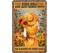 Geuuki Targa in metallo con girasole e ragazza con scritta in inglese "Some Girls are just born with the garden in their Souls", in alluminio, stile vintage, per casa, giardino, caffetteria, bar, 20,3