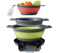 Gevoli Scolapiatti pieghevole con fondo auto-svuotante per lavello, setaccio per alimenti (piccolo/medio/grande), design annidato per una facile conservazione (rosso, blu, verde) (set da 4)