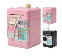 Gevvnss Salvadanaio Cassaforte,Cassaforte Bambini con Digitale Codice e Impronta,Mini Salvadanaio Elettronico,Automatico Succhiare Banconote per Ragazzi e Ragazze,Rosa Chiaro
