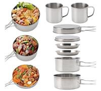 Gevvnss Set di 8 Pezzi Gavetta Scout,Set Pentole Campeggio in Acciaio Inox,Set Piatti Campeggio con Padella,Piatti,Tazze,Coperchio per 3-4 Person,per Escursioni,Picnic,Barbecue,Argento