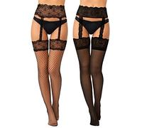 Geyoga 2 Paia Calze per Reggicalze a Rete Collant con Giarrettiera in Pizzo Floreale Alta alla Coscia per Donna, Taglia Unica, Nero