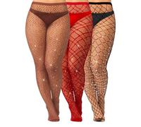 Geyoga 3 Paia Collant a Rete Taglie Forti Calze a Rete con Strass Glitterati Nere a Vita Alta da Donna XL-4XL(Nero, Rosso, Caffè,XL-4XL)