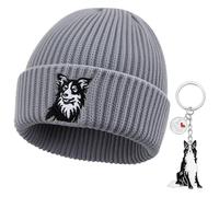 Geyoga Berretto e Portachiavi per Cani Border Collie Cappello Invernale Ricamo Unisex e Portachiavi in Metallo per Cani Regalo di Natale per Proprietari di Border Collie Uomini Donne(Grigio)
