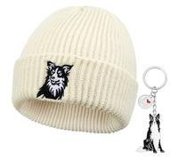 Geyoga Berretto e Portachiavi per Cani Border Collie Cappello Invernale Ricamo Unisex e Portachiavi in Metallo per Cani Regalo di Natale per Proprietari di Border Collie Uomini Donne(Beige)
