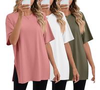 Geyoga Confezione da 3 Magliette da Palestra da Donna Oversize a Maniche Corte con Spacchi Laterali Scollo Rotondo Stile Casual e vestibilità Ampia(Verde Militare, Bianco, Rosa Pasta di Fagioli,XL)