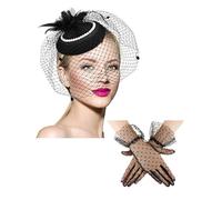 Geyoga Set cappello e guanti da tè anni '20 anni '50 cappello fascinator per le donne funerali pillbox cocktail fascia con velo, nero, 2