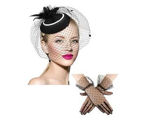 Geyoga Set cappello e guanti da tè anni '20 anni '50 cappello fascinator per le donne funerali pillbox cocktail fascia con velo, nero, 2