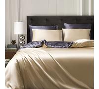 Gezu Copripiumino beige, 220 x 240 cm, satinato, oro, tinta unita, double face, grigio scuro, seta, liscio, setoso, lucido, per letto matrimoniale, con 2 federe 80 x 80 cm, con chiusura lampo