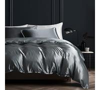 Gezu Copripiumino in raso grigio scuro, 200 x 200 cm, tinta unita, liscio, setoso, lucido, morbido, seta, set da letto con cerniera, set copripiumino per 2 persone, con 2 federe 65 x 65 cm
