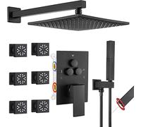 GFHOOZ Deviatore a Pulsante da Parete in Ottone Nero Opaco di Lusso con soffione a Pioggia da 10" e Set Doccia Portatile 2 in 1, 6 getti Laterali, 2 modalità, Moderno Accessorio