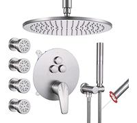GFHOOZ Doccia di Lusso in Ottone con soffione a Pioggia da 10", deviatore a Pulsante 2 in 1, 4 getti corporei, Montaggio a soffitto, Finitura in Nichel Spazzolato. Esperienza sp