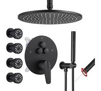 GFHOOZ Lussuosa Doccia Nera Opaca in Ottone con Montaggio a soffitto, deviatore a Pulsante, soffione Doccia a Pioggia da 10", 2 in 1, 4 getti corporei, Set di rubinetti a Doppia