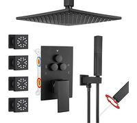GFHOOZ Set di deviatori a Pulsante in Ottone Nero Opaco di Lusso per Doccia con soffione a Pioggia da 10" con Montaggio a soffitto e 2 in 1 4 getti corporei Portatili per un'esp