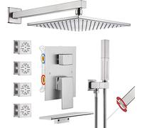 GFHOOZ Set Doccia di Lusso in Ottone con Montaggio a Parete in Nichel Spazzolato, soffione Doccia a Pioggia da 10", 2 in 1, 4 getti corporei e beccuccio a Cascata, 4 modalità PE