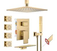 GFHOOZ Soffione Doccia a Pioggia di Lusso da 10" in Oro Spazzolato, 2 in 1, Portatile, 4 getti corporei, beccuccio a Cascata, Montaggio a soffitto, 4 modalità, Set di rubinetti