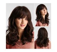 GFHTRELY Parrucca di ricambio per capelli sintetici 24 pollici Parrucca marrone scuro con frangetta Parte alta temperatura alta fibra onda corpo lungo parrucche