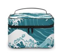 GFLFMXZW Borsa per trucchi da viaggio per donne verde acqua e bianco stile borsa per trucco borsa grande organizer per trucco borsa per ricevimento, stile foglia di tè e bianco, 25 x 18 x 15 cm, borsa