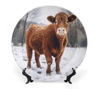 GFLFMXZW Piatto decorativo in porcellana Bone China con espositore a forma di mucca nella neve, piatti decorativi rotondi in ceramica per decorazioni da parete per casa e ufficio, 20,3 cm