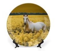 GFLFMXZW Piatto decorativo in porcellana Bone China con espositore Cavalli nei campi Piatti decorativi in ceramica rotonda Piatto da pranzo in ceramica Artigianato Ornamenti in ceramica per Home
