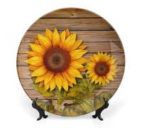 GFLFMXZW Piatto decorativo in porcellana Bone China con espositore girasole su legno Piatti decorativi in ceramica rotonda Piatto da pranzo in ceramica Artigianato Ornamenti in ceramica per Home