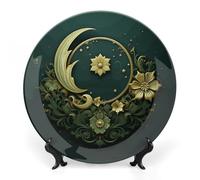 GFLFMXZW Piatto decorativo in porcellana Bone China con espositore Ramadan su carta da parati verde Piatti decorativi in ceramica rotonda Piatto da pranzo in ceramica Artigianato Ornamenti in ceramica