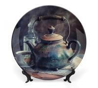 GFLFMXZW Piatto decorativo in porcellana Bone China con espositore Teiera vecchio stile Piatti decorativi in ceramica Rotondo Piatto da pranzo in ceramica Artigianato Ornamenti in ceramica per Home
