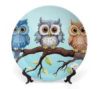 GFLFMXZW Piatto decorativo in porcellana Bone China con supporto per esposizione gufi su un ramo piatti decorativi in ceramica rotonda piatto da pranzo in ceramica artigianato ornamenti in ceramica