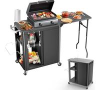 GFTIME Carrello per barbecue, 143 x 37 x 89 cm, supporto per pizza, tavolo mobile per barbecue da esterno, carrello da lavoro con tavolino pieghevole, gancio, scaffale e armadio, carrello da servizio