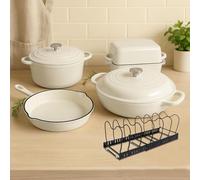 GFTIME Set di pentole in ghisa, 5 pezzi, 2,3 QT, casseruola olandese da 4,7 QT, padella da 28 cm, teglia per pane - Versatili pentole e padelle in ghisa smaltata resistenti al forno