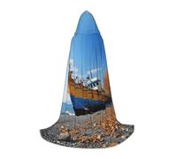 GFXEDSAH Mantello con cappuccio blu cielo giallo spiaggia barca stampa, mantello medievale con comodo cappuccio, perfetto per giochi di ruolo e feste