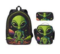 GFXEDSAH Set di 3 zaini con stampa aliena verde, zaino da viaggio unisex con scatola termica per il pranzo, astuccio per matite, Nero , Taglia unica