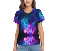 GFXEDSAH T-shirt da donna con scollo a V blu e rosso con stampa fuoco, magliette classiche, ideali per primavera, estate e autunno, Nero , L