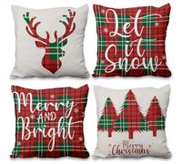ggaimwf Fodere per cuscini per Natale Cervi Abeti Percalle rosso verde Cuscini a quadri Effetto Lino Doppia faccia Inverno Fattoria Cuscini da letto fodere Divano Per esterni 50x50cm Set di 4
