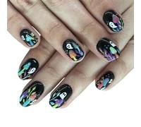 GGAUBAIFI 24 unghie finte a stampa per Halloween, corte quadrate, con design fantasma, unghie adesive, copertura completa, unghie finte per Halloween, per donne, ragazze, Natale