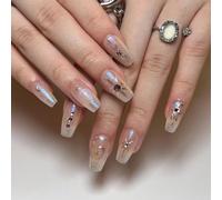 GGAUBAIFI French Tip oro Press on Nails, unghie finte a mandorla, unghie finte nude con design cromato oro, unghie adesive, copertura completa in acrilico, unghie adesive a forma di stella e luna