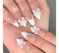 GGAUBAIFI French Tip Press on Nails Medium, Pearl Unghie finte Lucide 3D Bowknot Unghie finte Punte Unghie artificiali Manicure per dita per donne e ragazze 24 pezzi