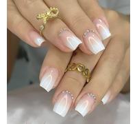 GGAUBAIFI French Tip Press on Nails Unghie finte quadrate medie Nere con design strass, Punte per unghie finte Colla acrilica lucida sulle unghie