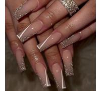 GGAUBAIFI French Tips Press on Nails Lungo, Stick sottile fatto a mano sulle unghie, 24 pezzi Kit per unghie finte rotonde lucide Kit per unghie finte acriliche per regalo per donna