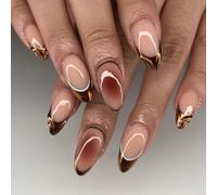 GGAUBAIFI French Tips Press Ons, Caramello Mandorla Press su Unghie Unghie Finte Unghie Artificiali Acriliche Lucide Stick sulle Unghie per Donne 24 Pezzi