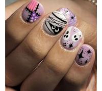 GGAUBAIFI Unghie finte corte quadrate per Halloween, design mummia viola, 24 pezzi, unghie finte finte adesive fatte a mano in acrilico per donna