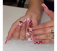 GGAUBAIFI Unghie French Tip Press, Unghie Finte Quadrate Unghie Finte Nude con Design a Fragola Stick sulle Unghie Acrilico Lucido Copertura Completa Stella Luna Stick sulle Unghie