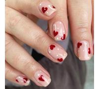 GGAUBAIFI Unghie Presse Quadrate Corte con Cuore Degna, Unghie Finte Rosse Lucide, Unghie Stick Riutilizzabili 24 Pezzi Unghie French