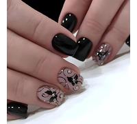 GGAUBAIFI Unghie Presse Quadrate Unghie Finte Corte, Farfalla Nera Stick sulle Unghie Unghie Acriliche con Strass 24 Pezzi Glitter Manicure Unghie Finte Artificiali