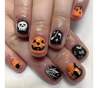 GGAUBAIFI Unghie Stampa per Halloween, Unghie finte quadrate corte, copertura completa, con disegni di zucca fantasma e ragno, unghie artificiali acriliche per donne e ragazze, 24 pezzi