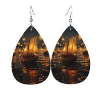 GGNKDL Luci su una barca a vela Stampe Orecchini pendenti a goccia d'acqua e orecchini in pelle, adatti come regalo di compleanno per le donne