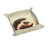 Ggnkdl Vassoio portaoggetti in pelle con stampa di riccio che legge un libro, vassoio in pelle di media qualità PVC double-face per una comoda conservazione e organizzazione