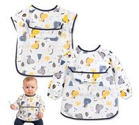GGUFAY Bavaglino Svezzamento, 2 Pezzi Bavaglini con Maniche Impermeabile Bavaglino Bambini Impermeabile per Dipingere Giocare e Mangiare per Bambini Piccoli 6 Mesi 3 Anni,Allacciatura Sulla Schiena