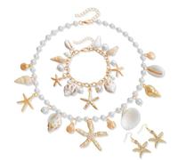 GGUFAY Boho Collana Conchiglie Girocollo Bracciale Conchiglie Donna Oro Orecchini Pendenti Stella Marina Collana Braccialetto per Capelli Bohémien Parure Gioielli Estiva Handmade